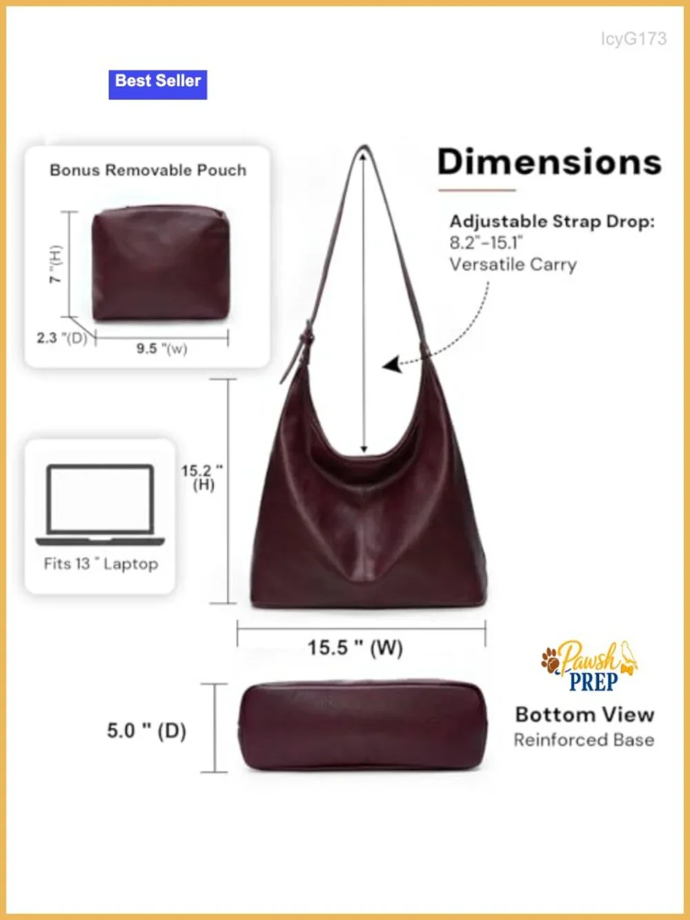 Vegan Leather Slouchy Hobo Tote with Matching Pouch, Adjustable Strap